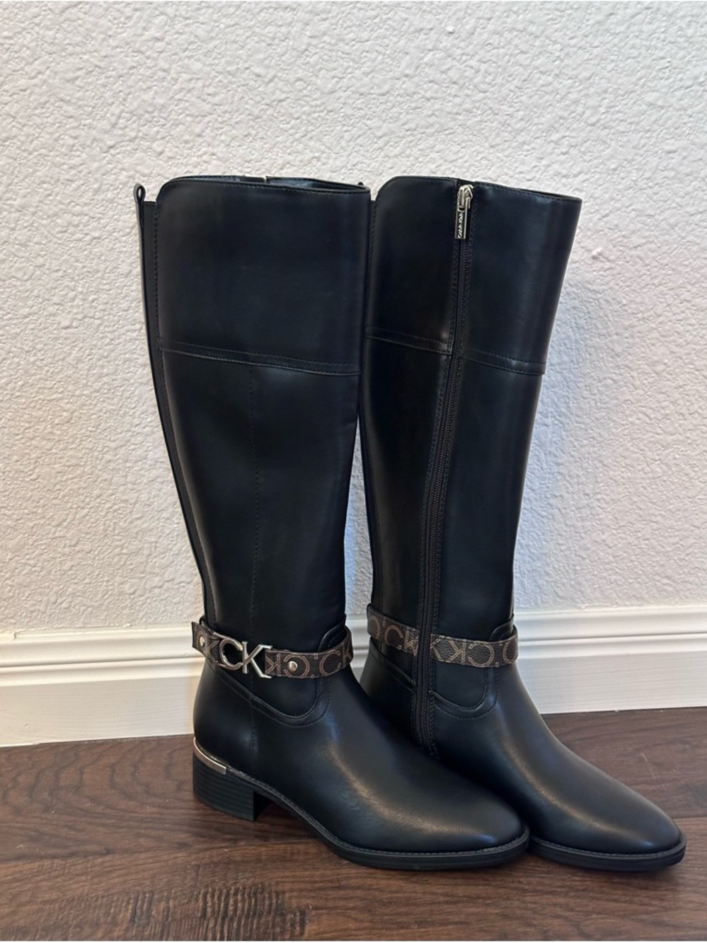 Calvin Klein Black Leather Over-the-Knee Boots with Branded Strap